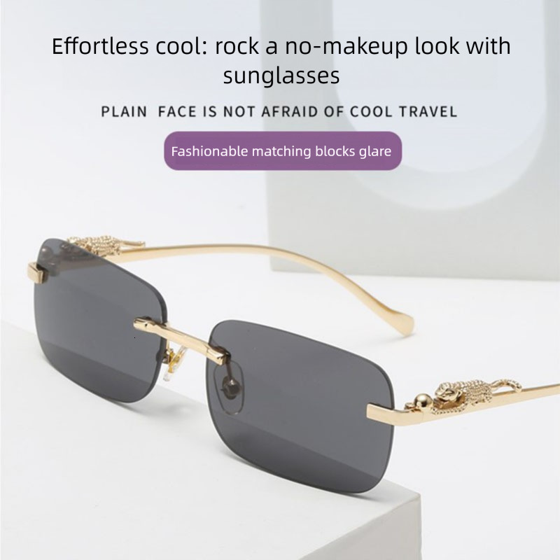 2026 New Designer Luxury Brand Square Cheetah Frameless Sunglasses Color Neutral Leopard Head Glasses Metal Export Sunglasses Cross-border Glasses