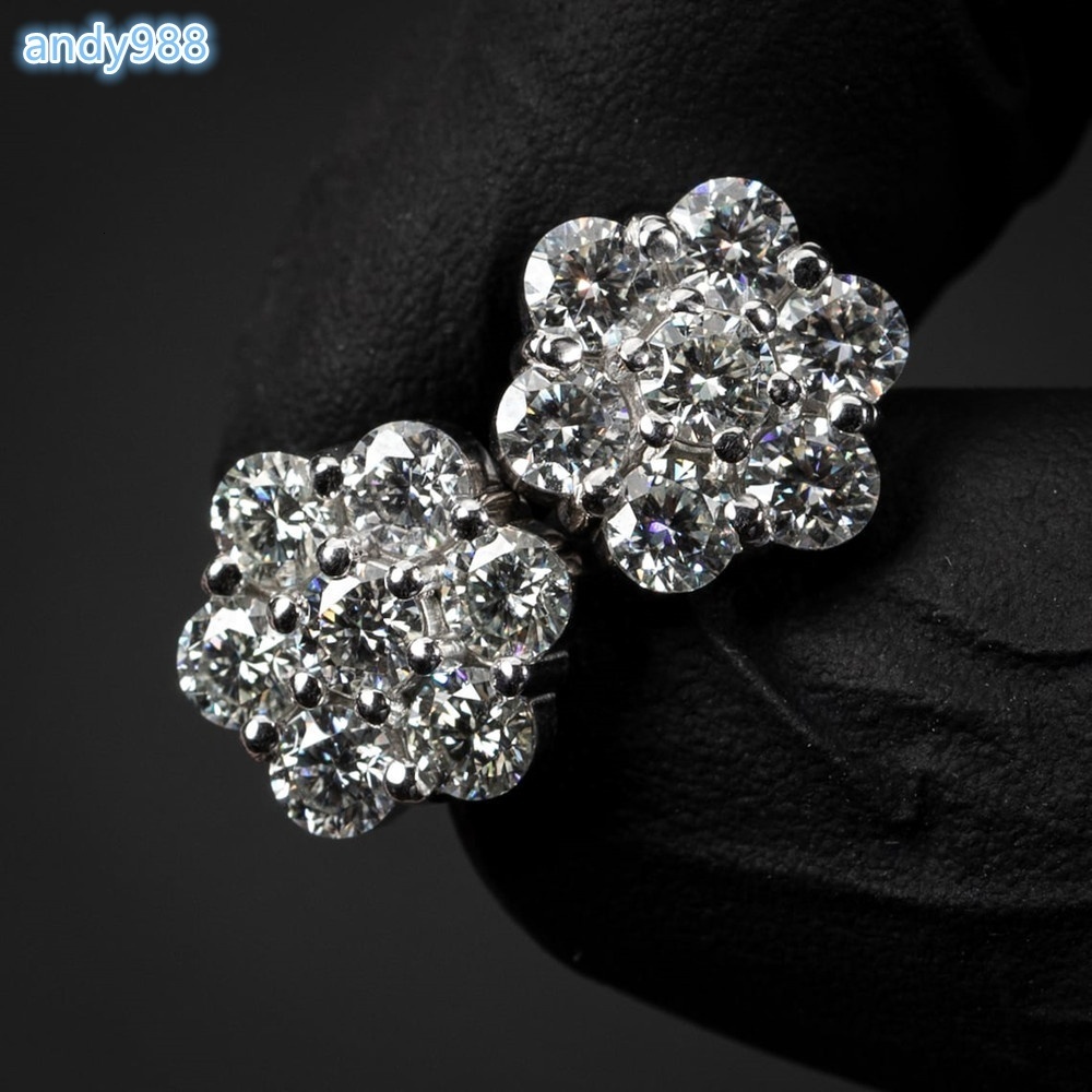 Ready to Ship GRA Hip Hop Stud Earrings Moissanite Men Earrings 925 Sterling Silver Cluster Flower 9mm Moissanite Rings