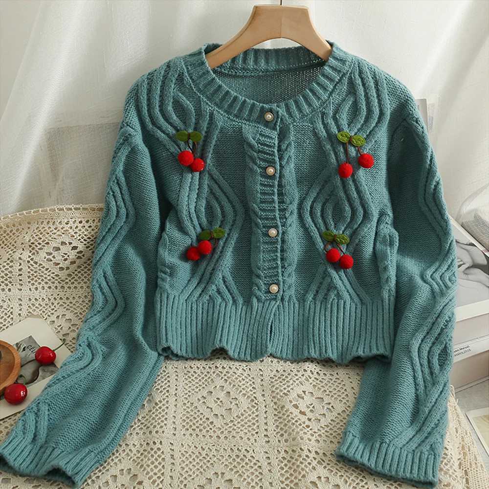 YuooMuoo Chic Fashion Cherry Knitted Cardigan Women Autumn Cute Button Up O-neck Long Sleeve Coat Streatwear Lady Y2K Sweaters M260306