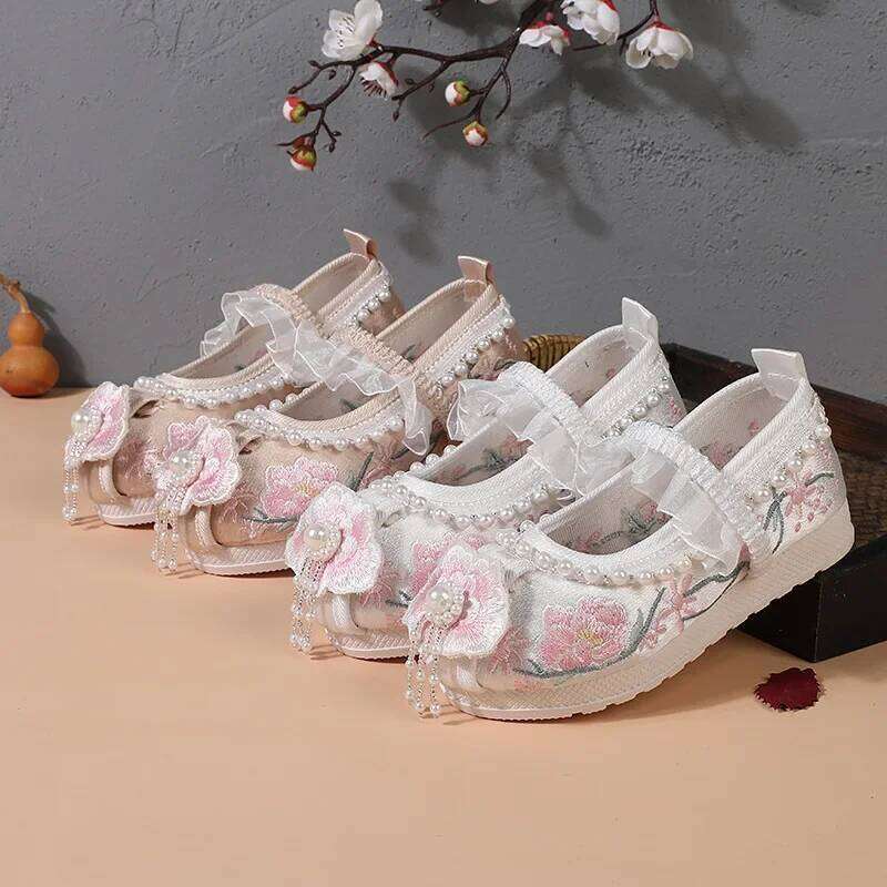 Chinese Style Hanfu Cloth Kids Ancient Costume Embroidered Girls Shoes Casual Performance Baby Zapatos Children's Flats 26H0306