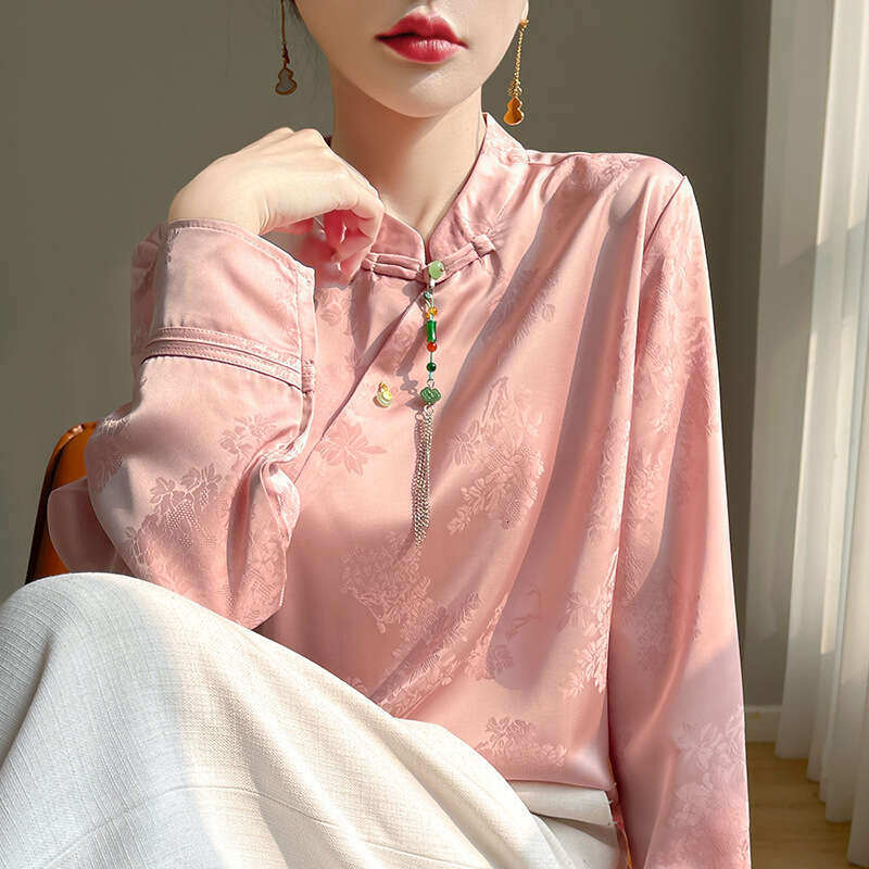Mardi Hefxessdr New Chinese Silk irt Women's Embroidered Long Sve Lightweight Spring Summer Stand Collar Side Buttoned Chinese style shirt women&