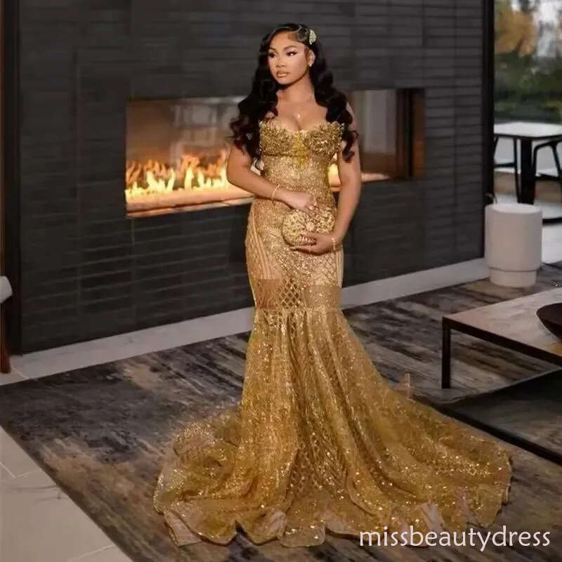 Shinny Gold Prom Dresses Black Girl 2026 Sequin Beading Christmas Party Gowns Mermaid Evening Dress Gala Customized