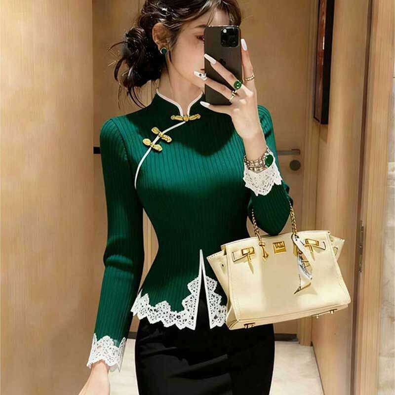 Chinese-Style Retro Sweater Autumn And Winter A Stand-Up Collar, Unique Button Design, Bell-Shaped Base, Knitted Top With Lace Inserts For Women Asia 
