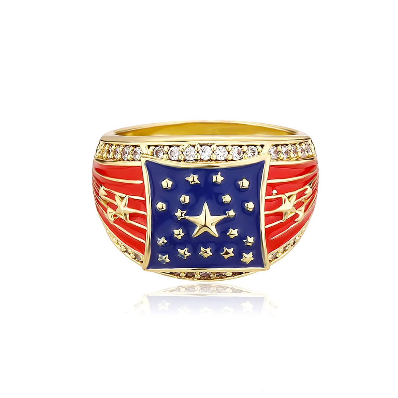Wholesale Trendy Dripping Oil American Flag Style Rings Iced Out Cubic Zircon Ethnic Jewelry Silver Gold Color USA Flag Men Ring