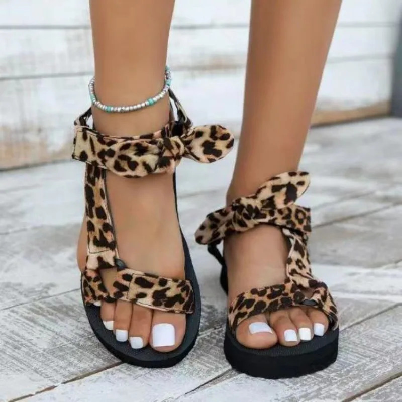 Summer Women Casual Sandals Color Flat Casual Lace Up Bow Shoes for Ladies Fashion Outdoor Leopard Beach Mujer Plus Size 43 260305