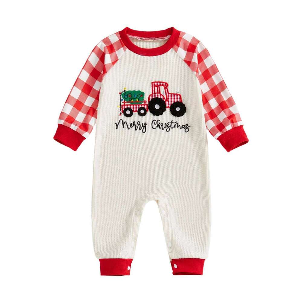 Baby Boys Romper Fashionable Christmas Tree and Letters Embroidery Plaid Long Sleeve Jumpsuit Z260306