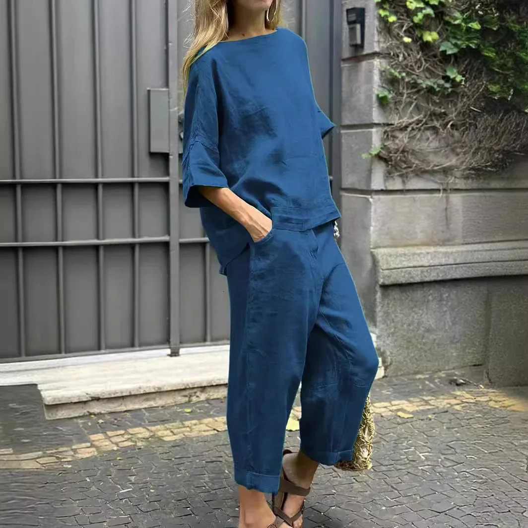 S-5XL Summer Womens 2-piece Plus-size Cotton and Linen Shirt High-waisted Pant Suit 2 Piece Sets Womens Outfits 260304
