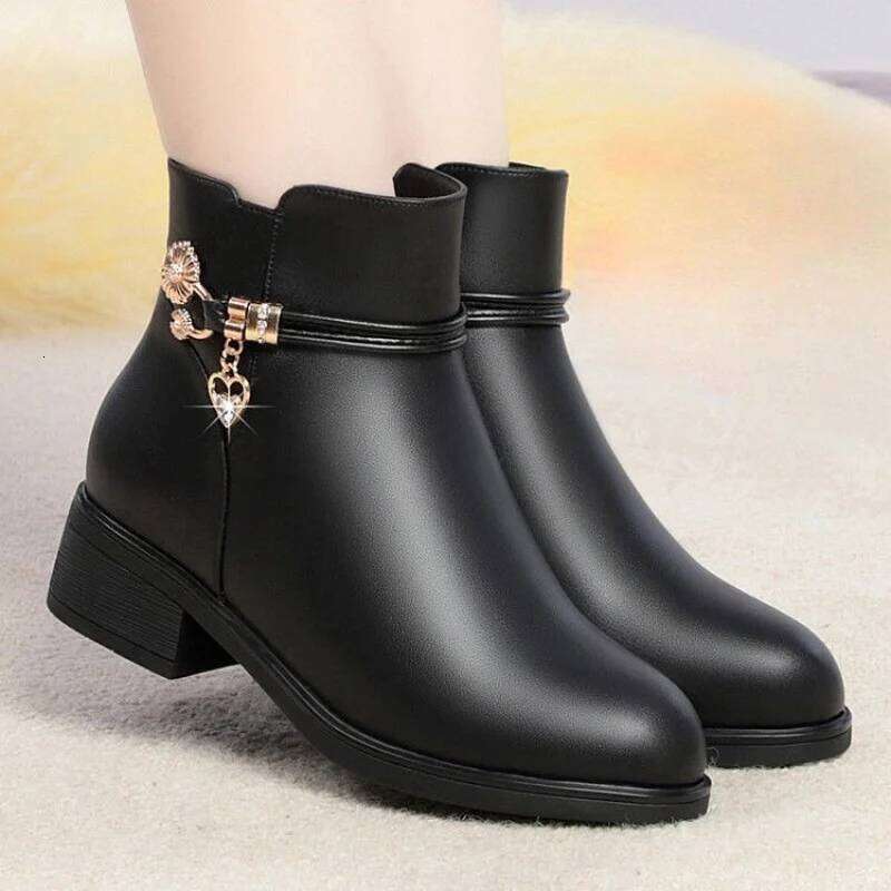 2025 Winter Soft Furry Short Boots for Women - Chunky Heel Warm Cotton Shoes, Flat Black Leather Mom Shoes