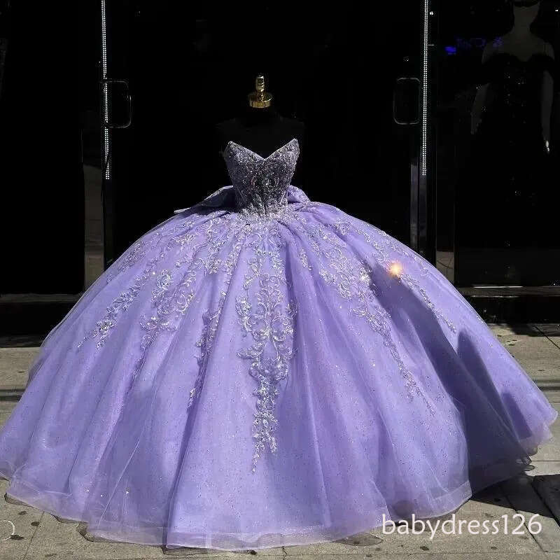 2026 Lavender Off The Shoulder Quinceanera Dresses Ball Gown Appliques Lace Beads Crystal Bow Tull Sweet 16 Dress Vestidos 15 De
