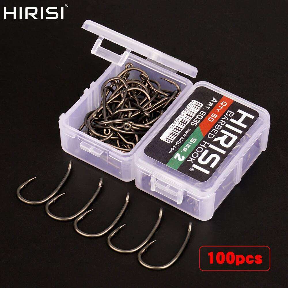 Hirisi 100pcs PTFE Coated High Carbon Stainless Steel Micro Barbed Fish Hook With Eye with Spliceable Box 8035 Fishing Tool S260305