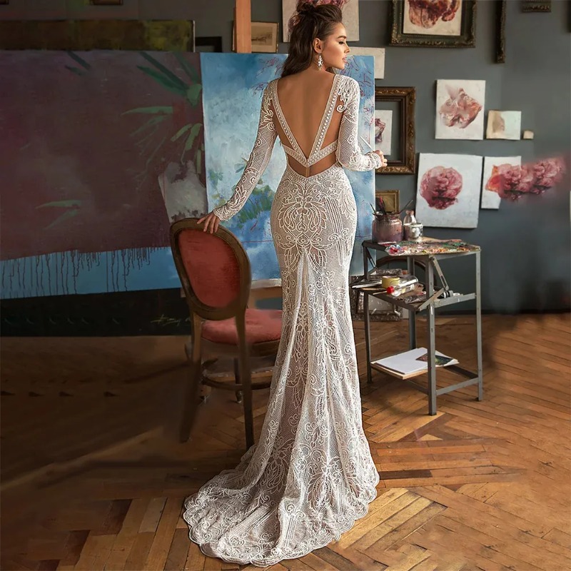 Customized Deep V Neck Lace Mermaid Wedding Dress Backless Long Sleeves Sweep Train Boho Bridal Gown Custom Made Bohemian