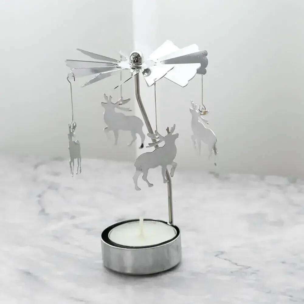 Magical Rotating Wrought Iron Christmas Candle Holder Angel &Deer Carousel Table Decor with Spinning Base Holiday Centerpiece XJ260305