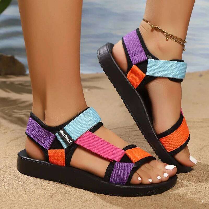 2025 Summer Colorful Climber Heel Sandals Flat Casual Wear-resistant Breathable Soft Sole Women's Beach Shoes