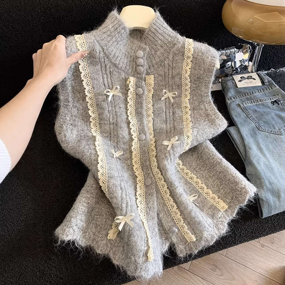Lace Trimmed Half-High Collar Knit Vest for Women, Designer Spring Layered Soft Sleeveless Waistcoat, Trendy A10322