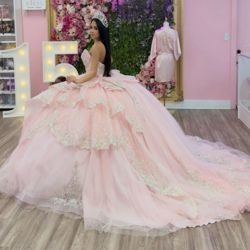Pink Shiny Quinceanera Dresses Ball Gown Off The Shoulder Applique Lace Beading Crystal Bow Corset Party Birthday Sweet 16 Dress Vestidos 15 De Anos