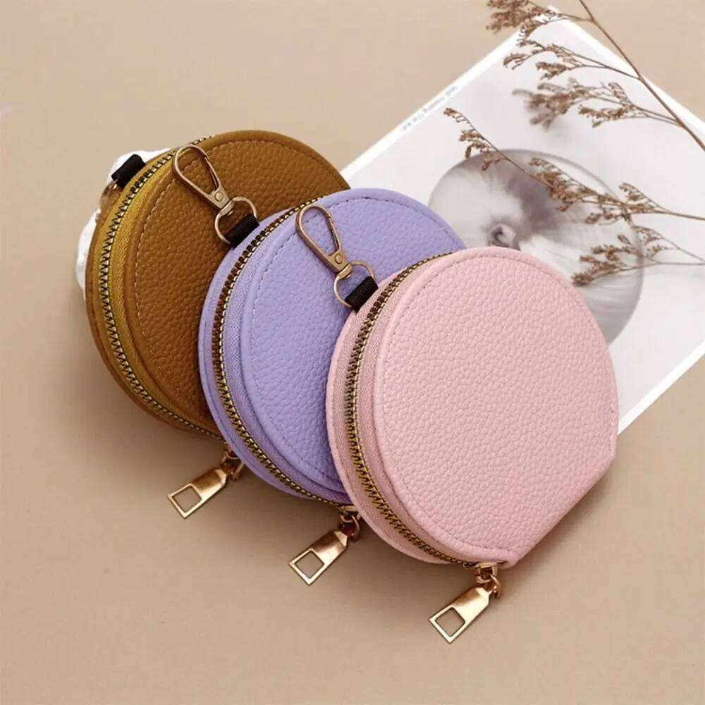 Korean Style Women Round Wallet Small PU Leather Card Holder Zipper Coin Purse Girls Money Bag with Chain C260304