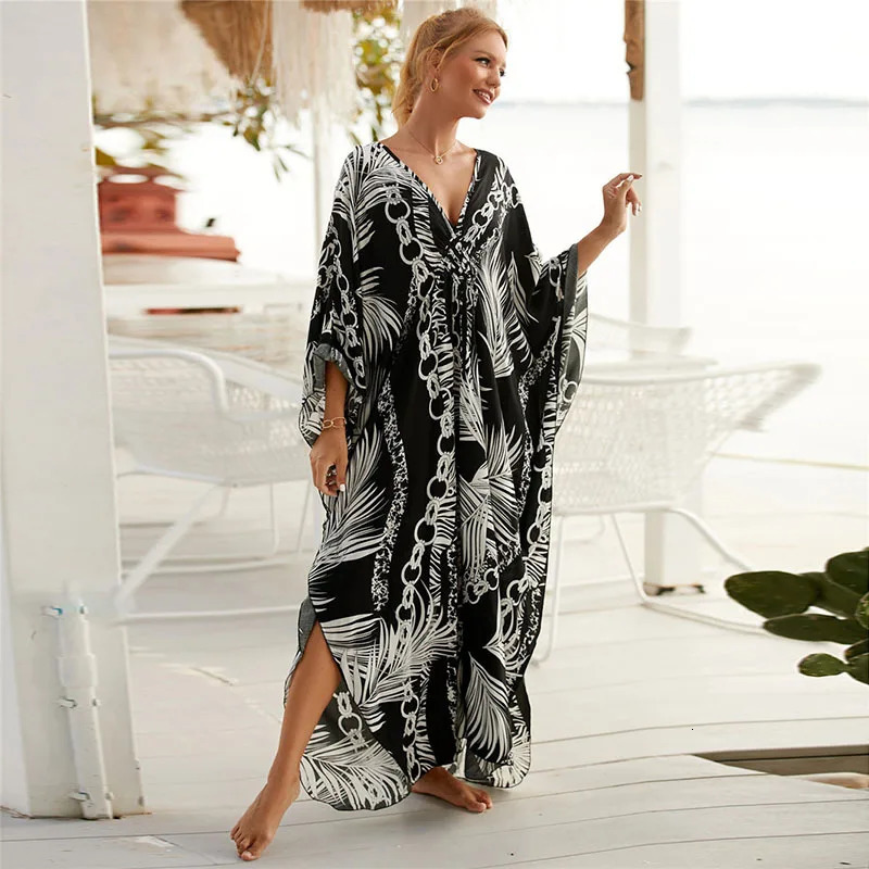 Womens Plus Size Animal Print VNeck Batwing Kaftan Beach Dress Bathing Suit CoverUp Loungewear 260228
