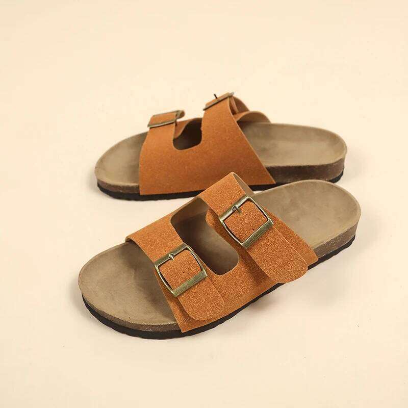Women's Flat Outdoor Beach Casual Man Sliders Thick Leather Cork Sole Sandals and Slippers