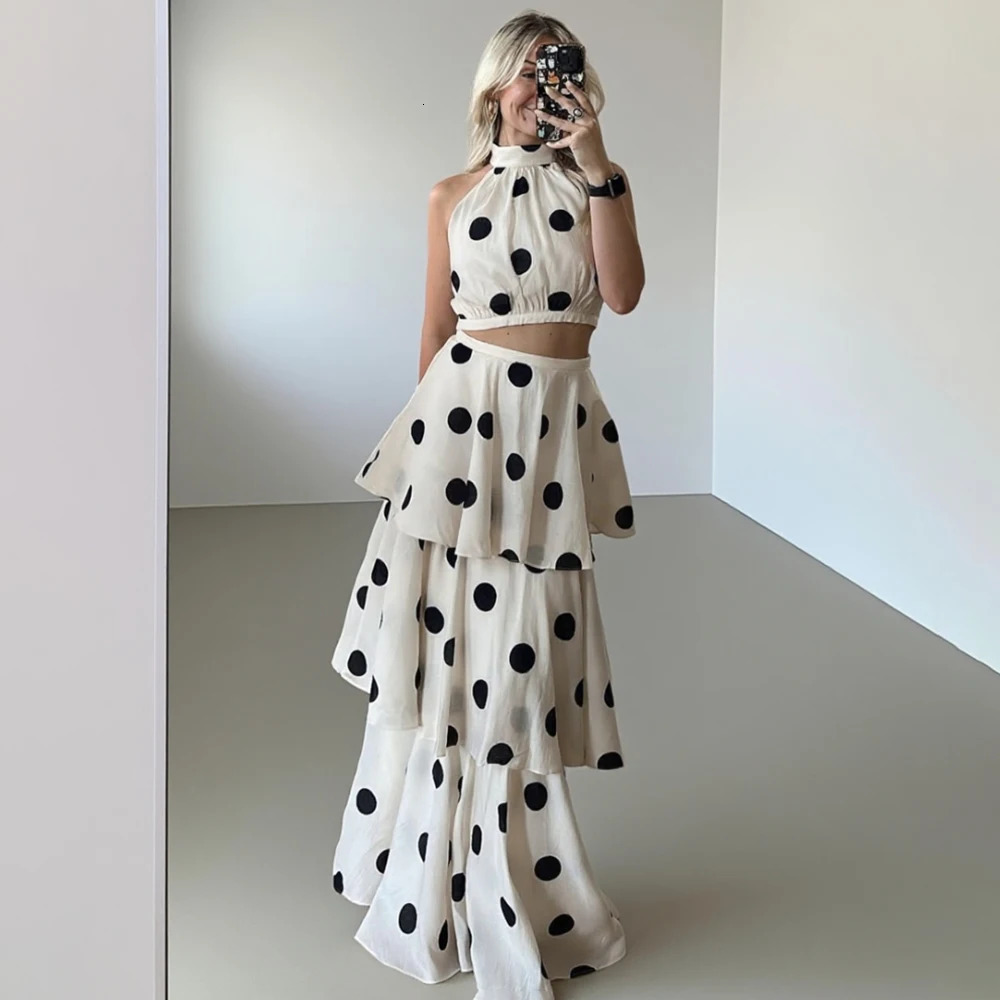 Tuularose Women Long Dress 2 Piece Elegant Polka Dot Sleeveless Top Ruffle Pleated Dress Set Party Sexy Female Dress Set 260304