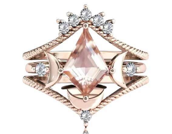 Moon of My Life Kite Shaped Morganite Wedding Ring Set Classic Antique Art Deco Engagement Ring with Rhodium Plating for Parties