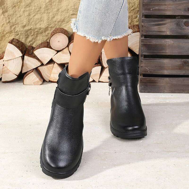 2025 Winter New Women's Ankle Boots - Side Zipper Plush Lined, Buckle Decor with Pendant, Non-Slip Wedge Heel, Warm & Elegant