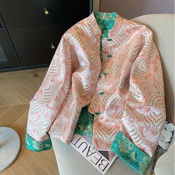 Mardi Hefxessdr Contrast Embroidery Jacquard Stand-up Collar Loose Single-breasted Spring style shirt women's clothing
