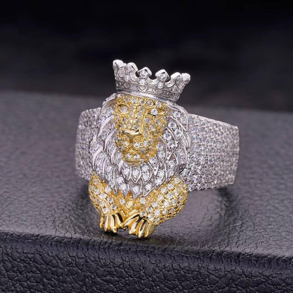 Hiphop Fine Jewelry VVS Moissanite Iced Out 925 Sterling Silver 14K Gold Plated Lion Face Animal Head Dollar Sign Men Rings