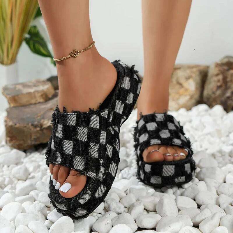 2025Women Denim Summer Beach Women Retro Slip on Wedges Platform Casual Open Toe Flat Sandals Jeans Canvas Slides