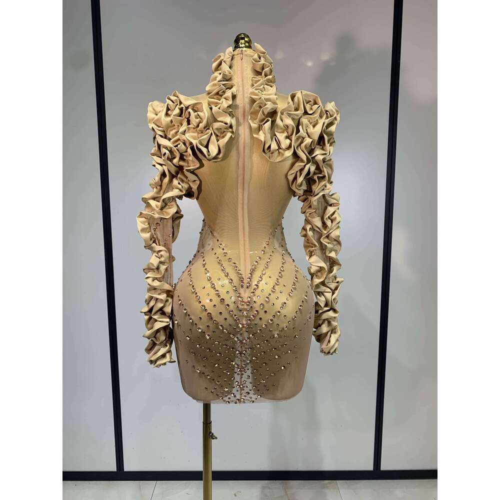 Women Sexy Long Sleeve Gold Rhinestone Bodycon Mini Dress Birthday Party Costume Bar Nightclub Singer Stage Performance Outfit
