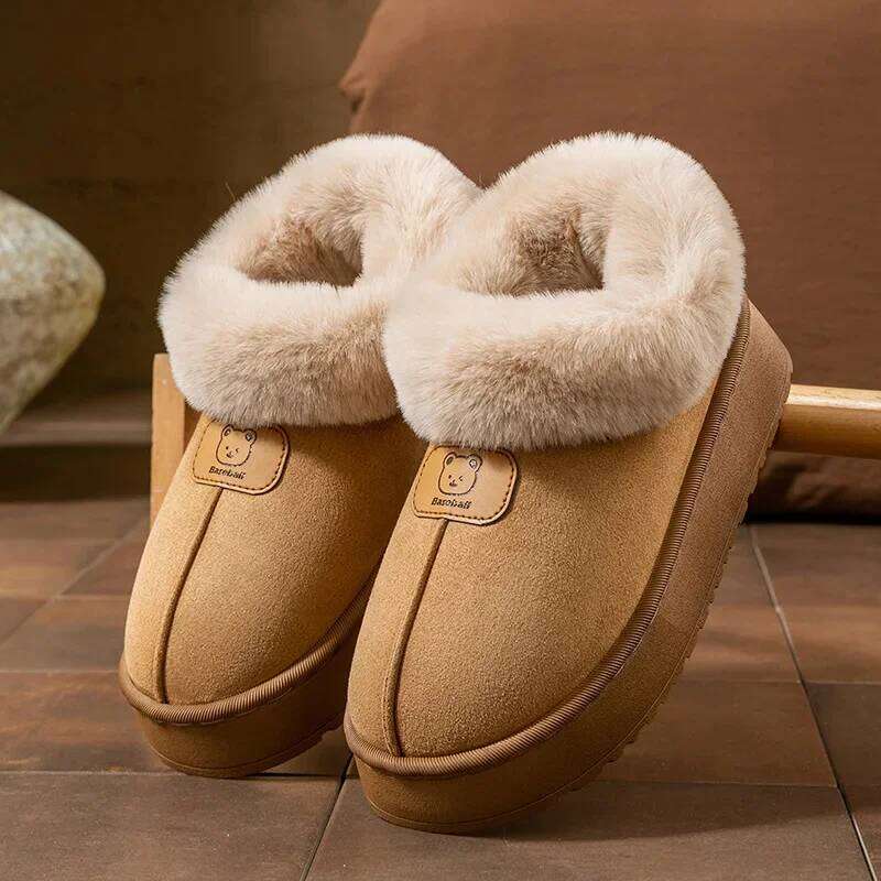 Woman Use Indoor Outdoor Cotton Shoes Winter Plush Anti Slip Sole Thick Bottom Embroider Fashion Fluffy Warm Slippers