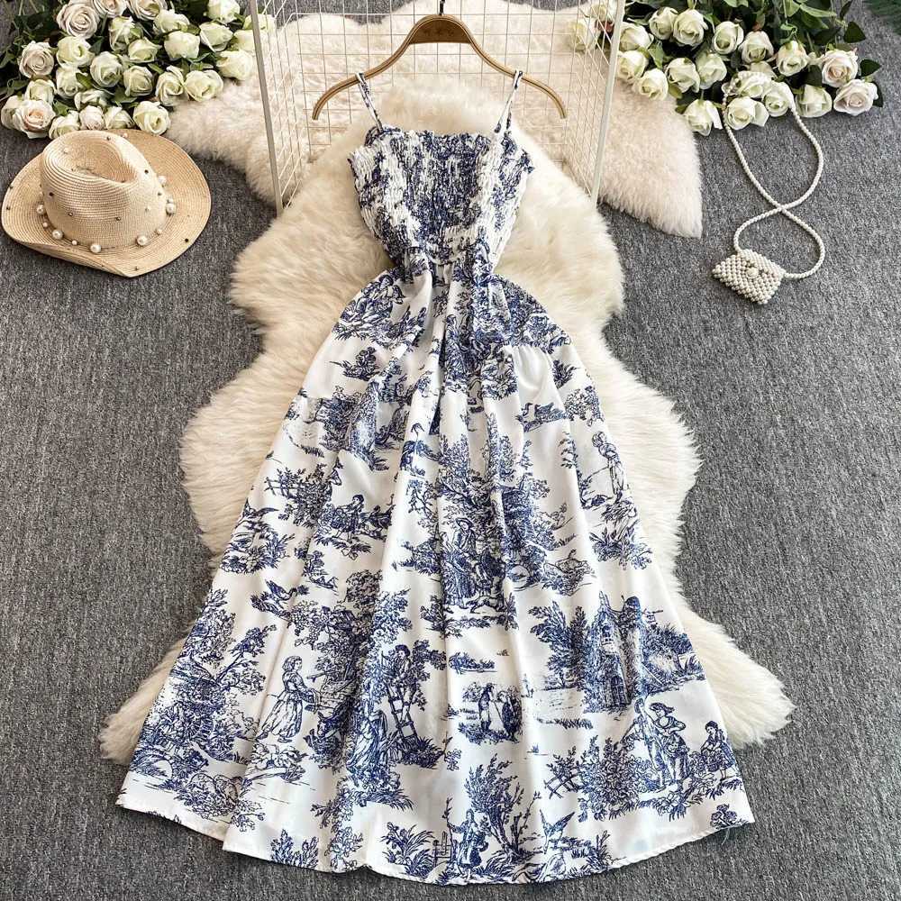 2025 New Summer Pink/Purple Flower Print Romantic Retro Party Dress Elastic High Waist Vacation Long Dress Beach Vestido X260306