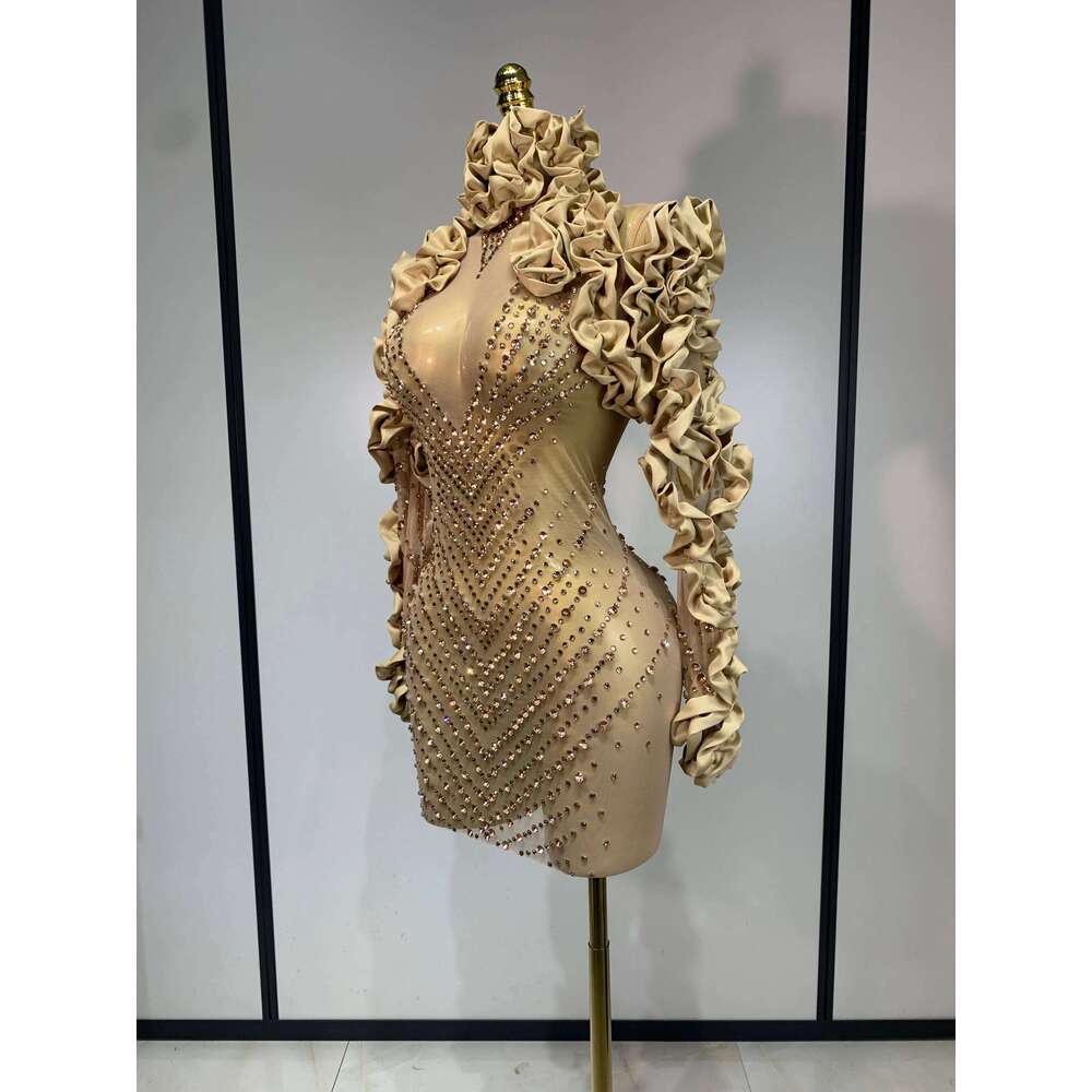 Women Sexy Long Sleeve Gold Rhinestone Bodycon Mini Dress Birthday Party Costume Bar Nightclub Singer Stage Performance Outfit