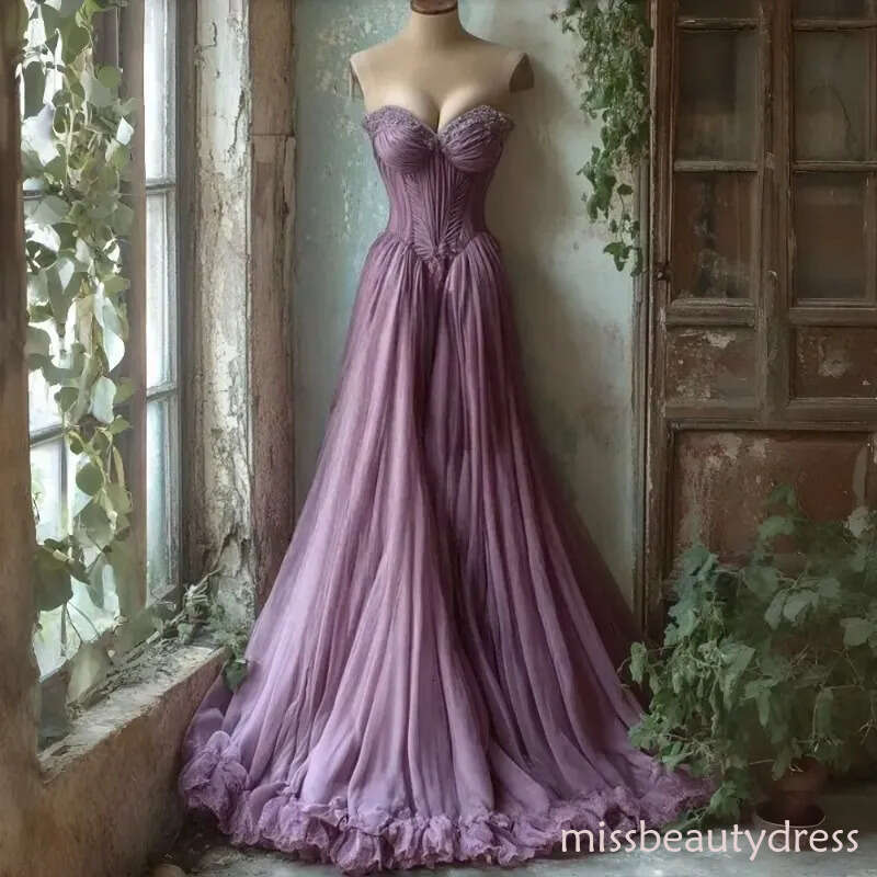 2026 Fantasy Princess Prom Dresses Ruffles Pleats A-Line Long Dusty Purple Tulle Evening Gown Sweetheart Sleeveless Reception Dress