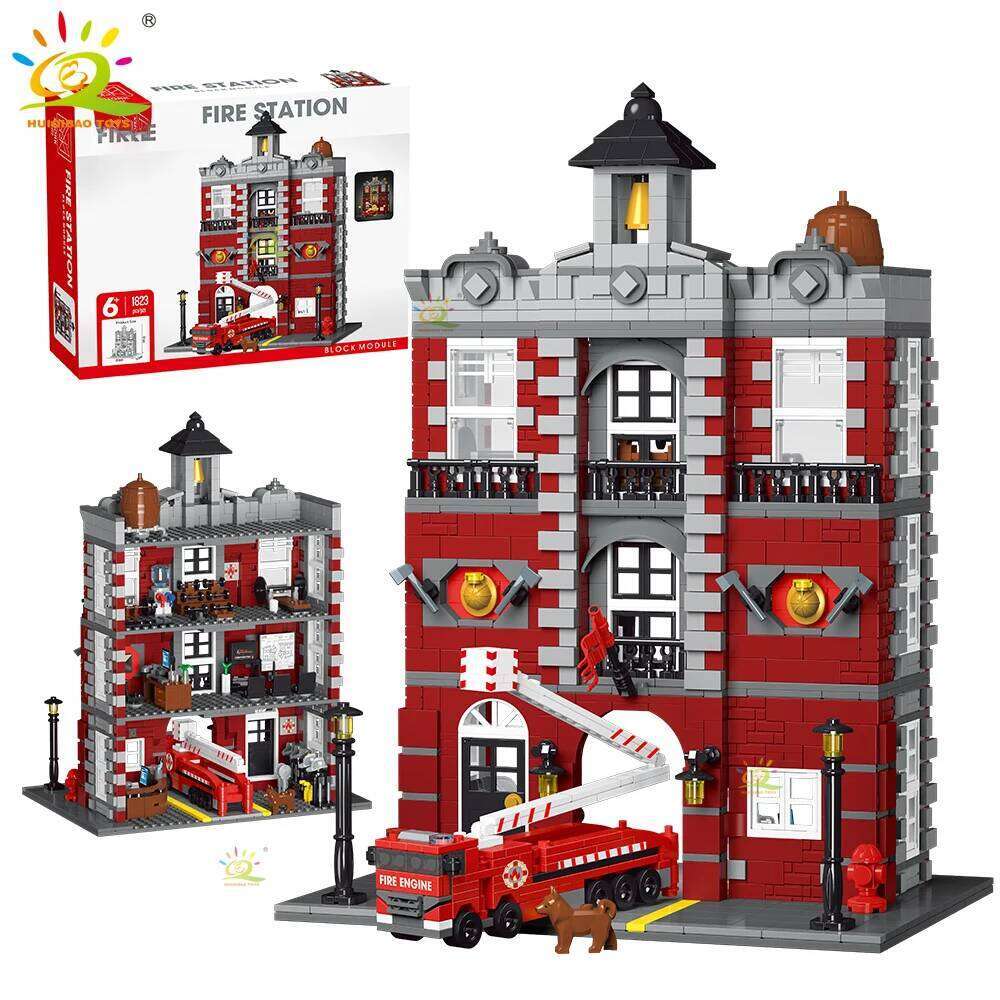 HUIQIBAO 1823pcs MOC Station WIth Fire Truck Model Building Blocks Street View Brick City Educational Toy For Children Gift Z260306