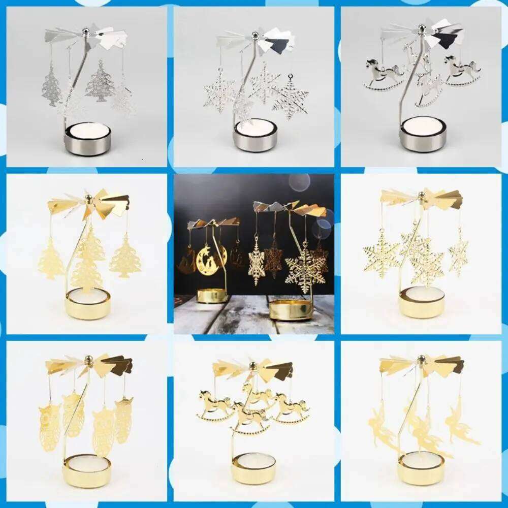 Metal Tea Light Gold Silver Hollow Christmas Rotating Candle Holder Angel Carousel Pattern XJ260305