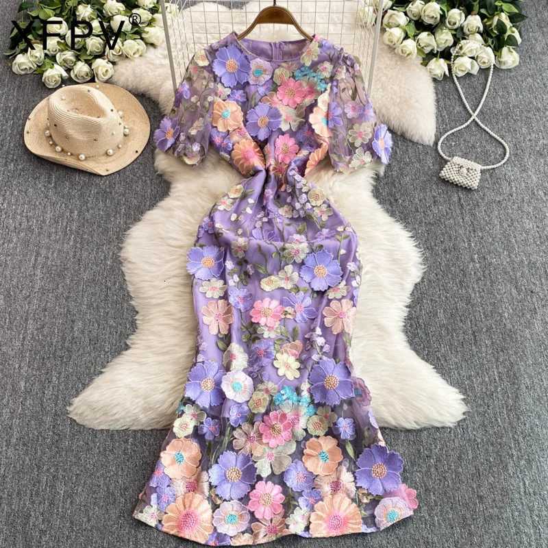 XFPV Vintage Dress Women New Fashion Round Neck Short Sleeves Gathered Waist Spliced Color Block 3D Flower Party Dresses 22D1310 X260306