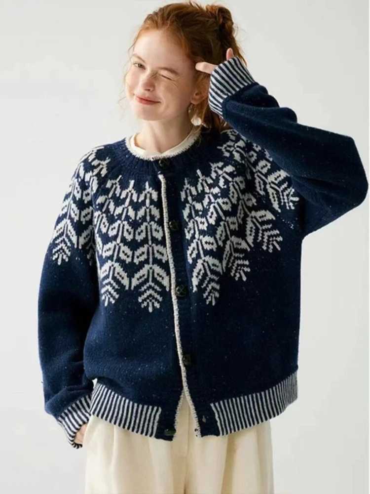 Zjaiss Autumn Winter Lazy Style Loose Long Sleeves O-neck Single-Breasted Knitted Cardigan Korean Retro Jacquard Women Sweater M260306