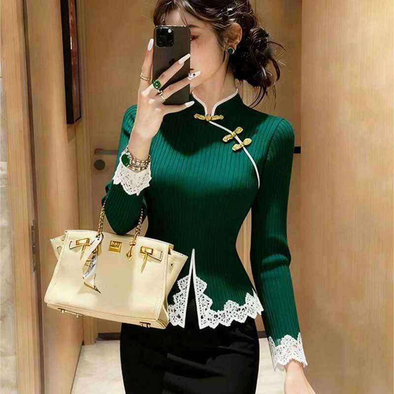 Chinese-Style Retro Sweater Autumn And Winter A Stand-Up Collar, Unique Button Design, Bell-Shaped Base, Knitted Top With Lace Inserts For Women Asia 