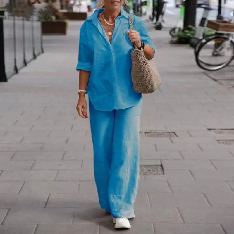 Elegant Womens Suits Female Cotton Linen Solid Shirt Two Piece Set For Women Long Sleeve Top Wide Leg Pants Set Casual Outfits 260305