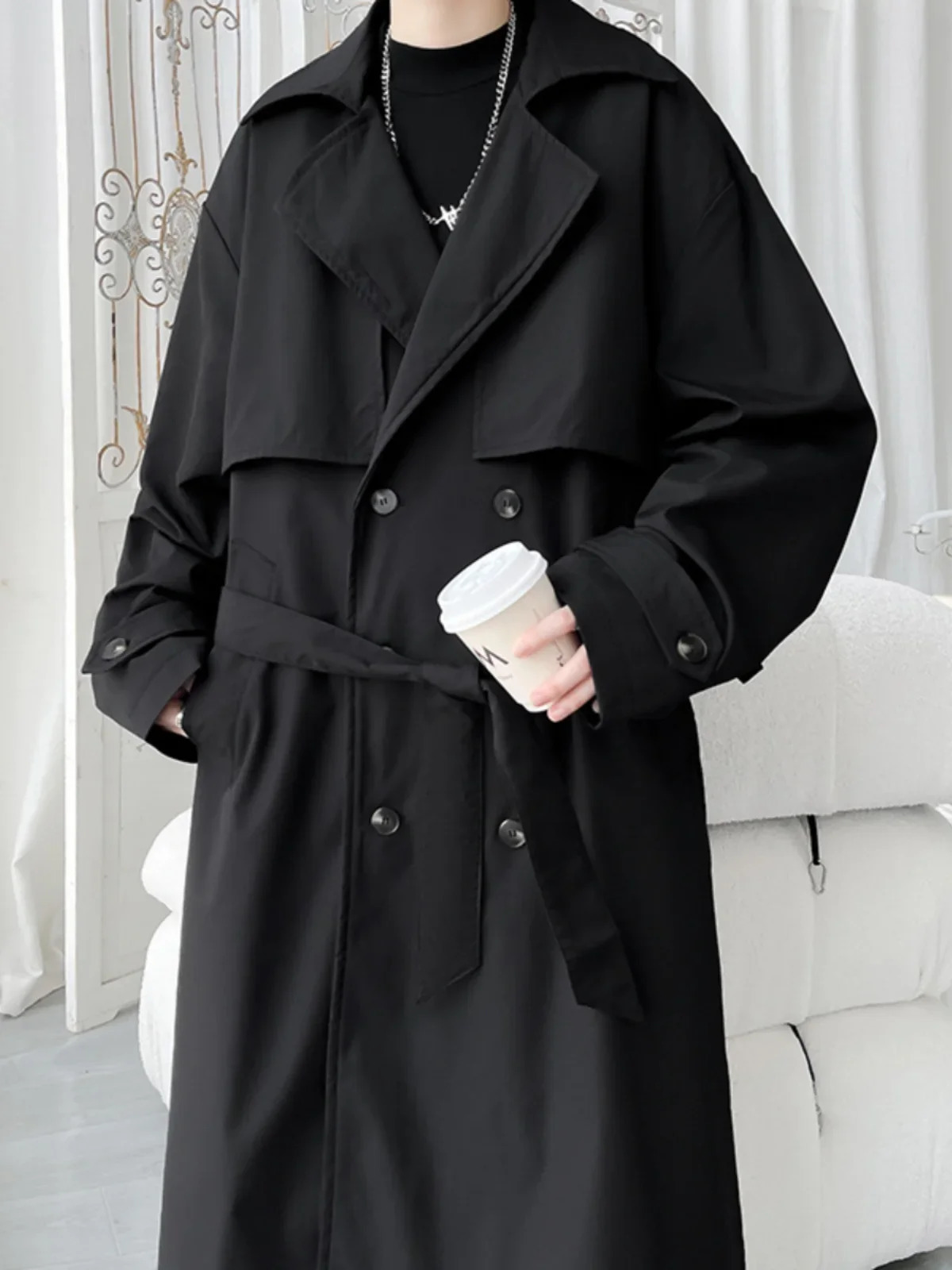 Mens Trench Coat Slim fit Double Breasted Belted Windbreaker Lapel Long Jacket Casual Windproof Overcoat Men M5XL 260302