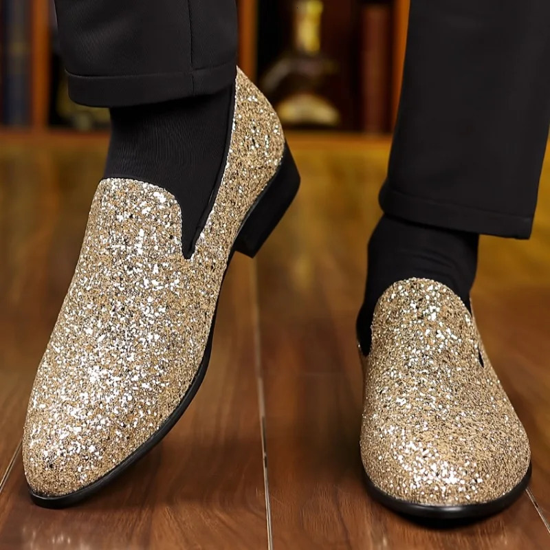 Loafers Men Shoes Gold Silver Sequin Wedding Shoes Fashion Slip on Flats High Quality Men Formal Party Shoes 260305