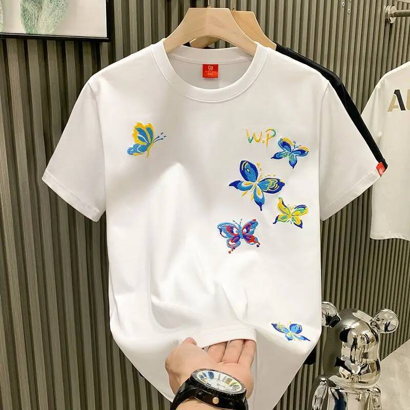 Men T shirt Heavy Industry Butterfly Embroidery High-end Niche Design Sense Youth Short-Sleeved T-shirt Men's Fashion Trendy Brand