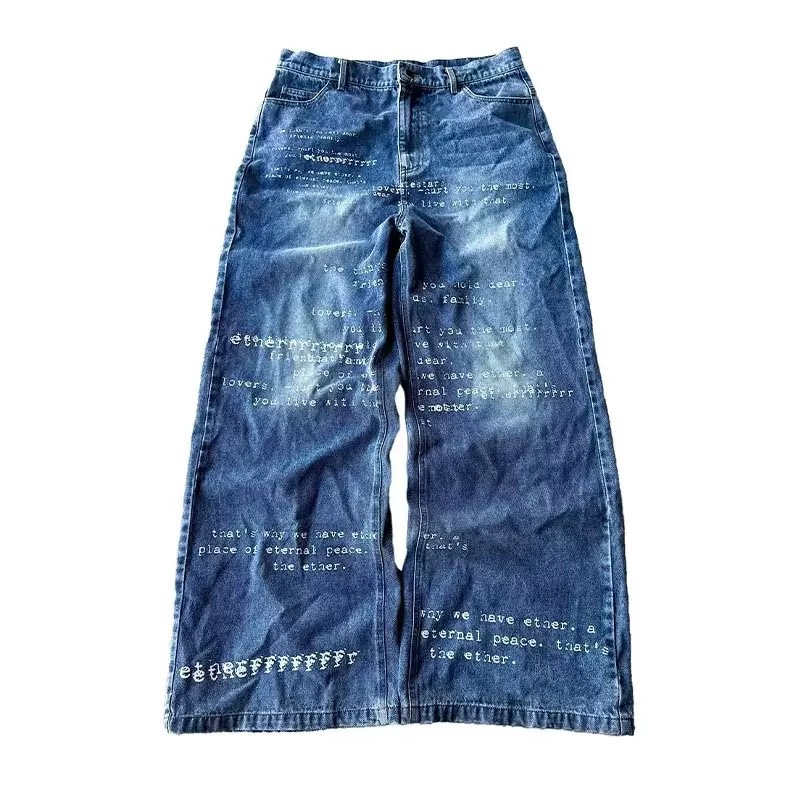 Men's Vintage Letter Printed Jeans Casual American Retro Pattern Alphabet Jeans High Street Fashion Hip Hop Gothic Baggy Wide Leg Pants