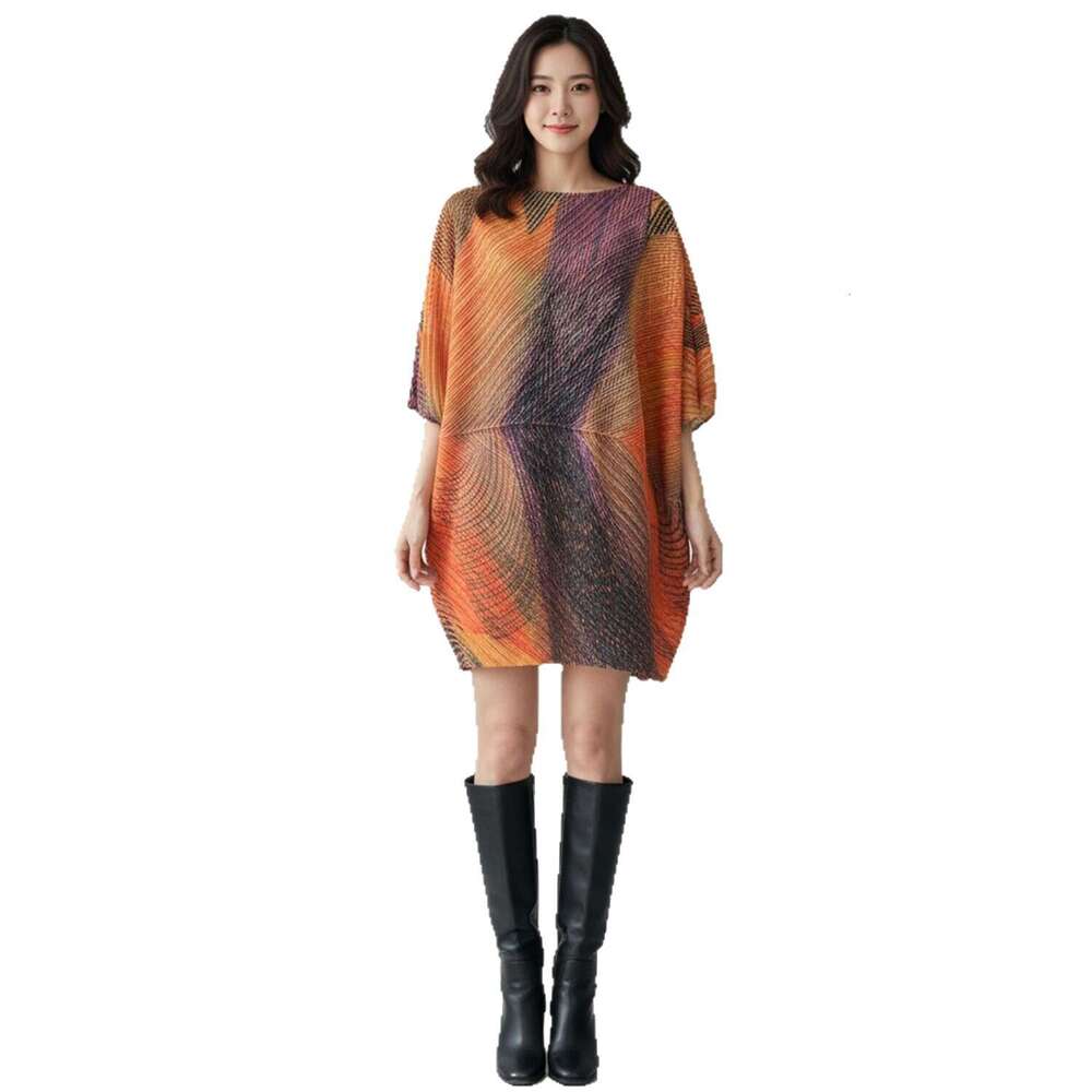Miyake-style pleated printed for women, new summer model with off-the-shoulder neckline, bat Designer sleeves, loose fit, plus size, mid-length dress