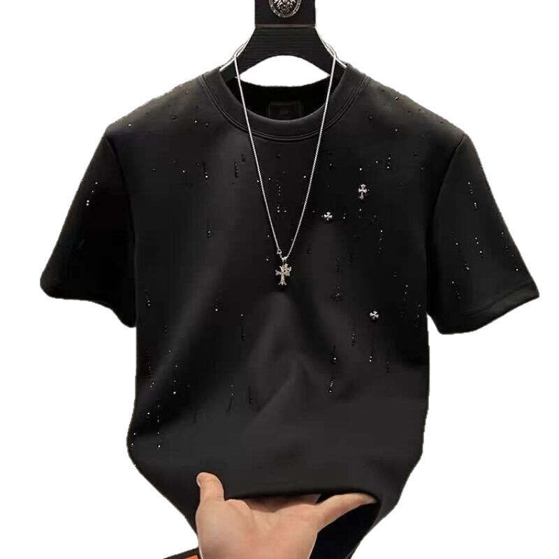 European and American Style Handsome Short Top Heavy Craft Light Luxury Clothing Meteor Hot Stamping T-Shirt Men's Round Neck Half Sleeve Tee
