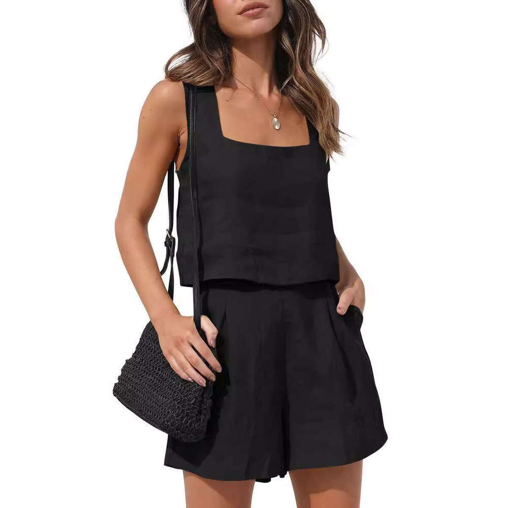Amazon's new European American foreign trade women's 2-piece casual set includes linen shorts and a sleeveless top