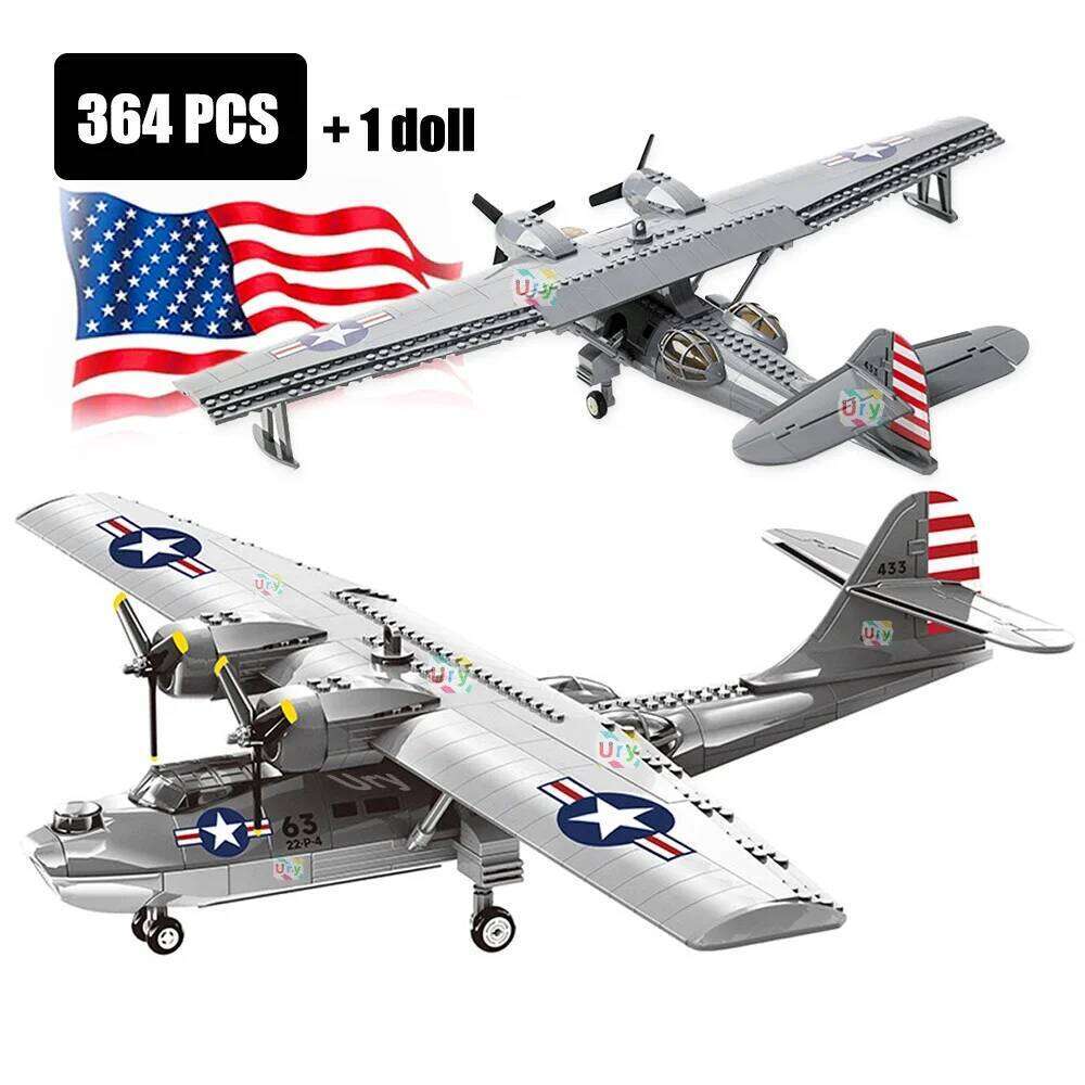 WW2 Military Army Avion Plane Consolidated PBY-5A Catalina Fighter Morden Warplane Set Aircraft Building Blocks for Boys Gift Z260306