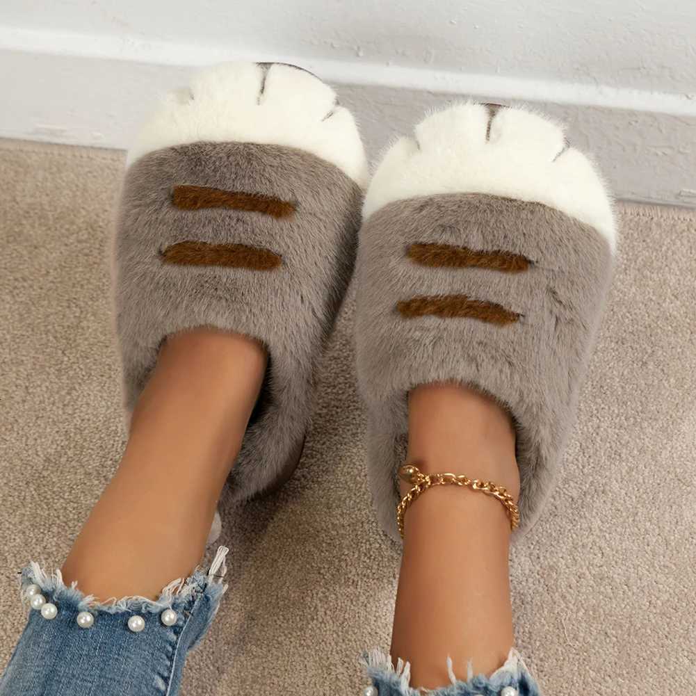 3D Cat Paw Plush Slippers Flat Thermal Slippers Comfortable Fluffy Home Slippers Anti Slip Cute Paw Slippers for Indoor Bedroom S260305