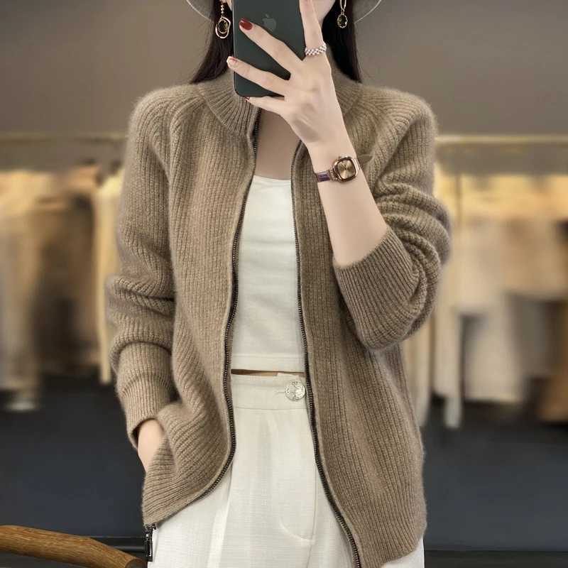 100 Pure Wool Zipper Cardigan Padded Shoulder Stand Collar Womens Cashmere Knitted Coat New Lapel Sweater M260306