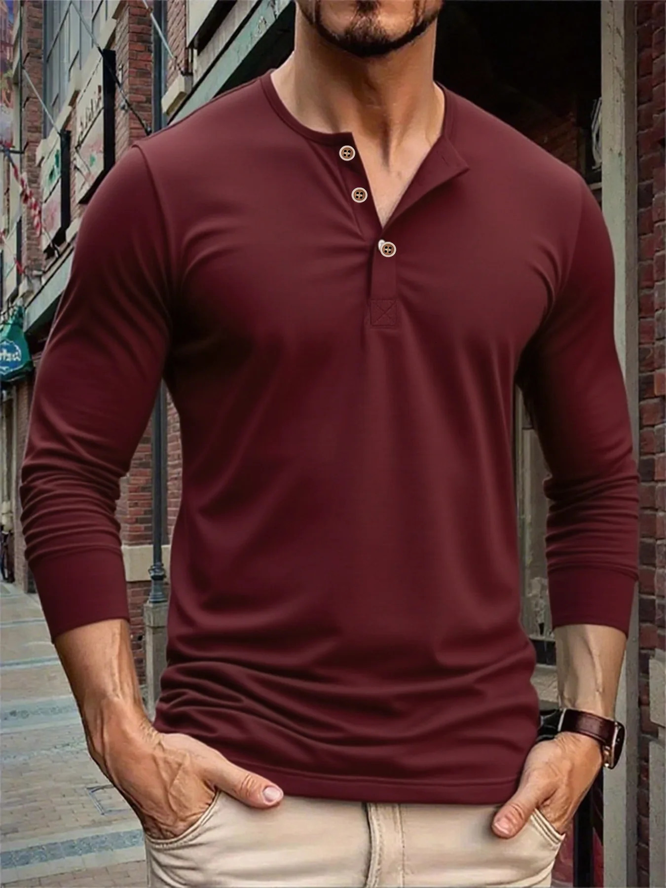 Autumn Men Button Long Sleeve Henley Neck TShirt Solid Color Casual Breathable Tops Street Tees Versatile Fashion Slim TShirts 260302